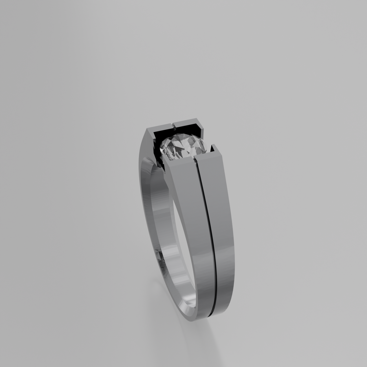 Men's round diamond tension solitaire wide band ring in white gold, right side view