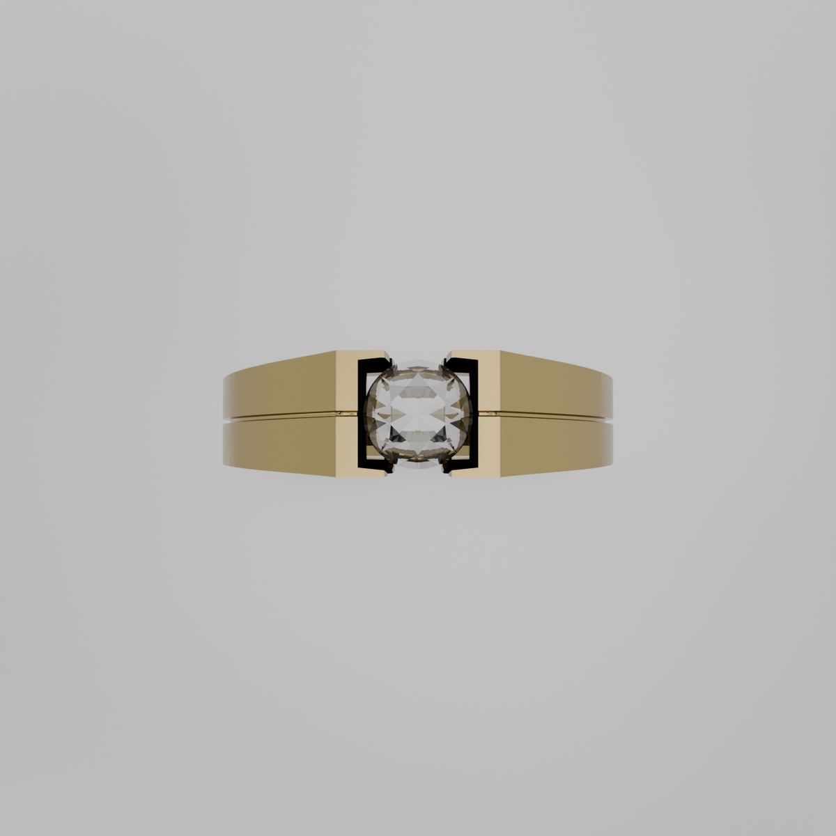 Men's round diamond tension solitaire wide band ring in yellow gold, flat top view