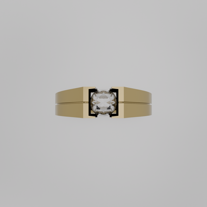 Men's round diamond tension solitaire wide band ring in yellow gold, flat top view