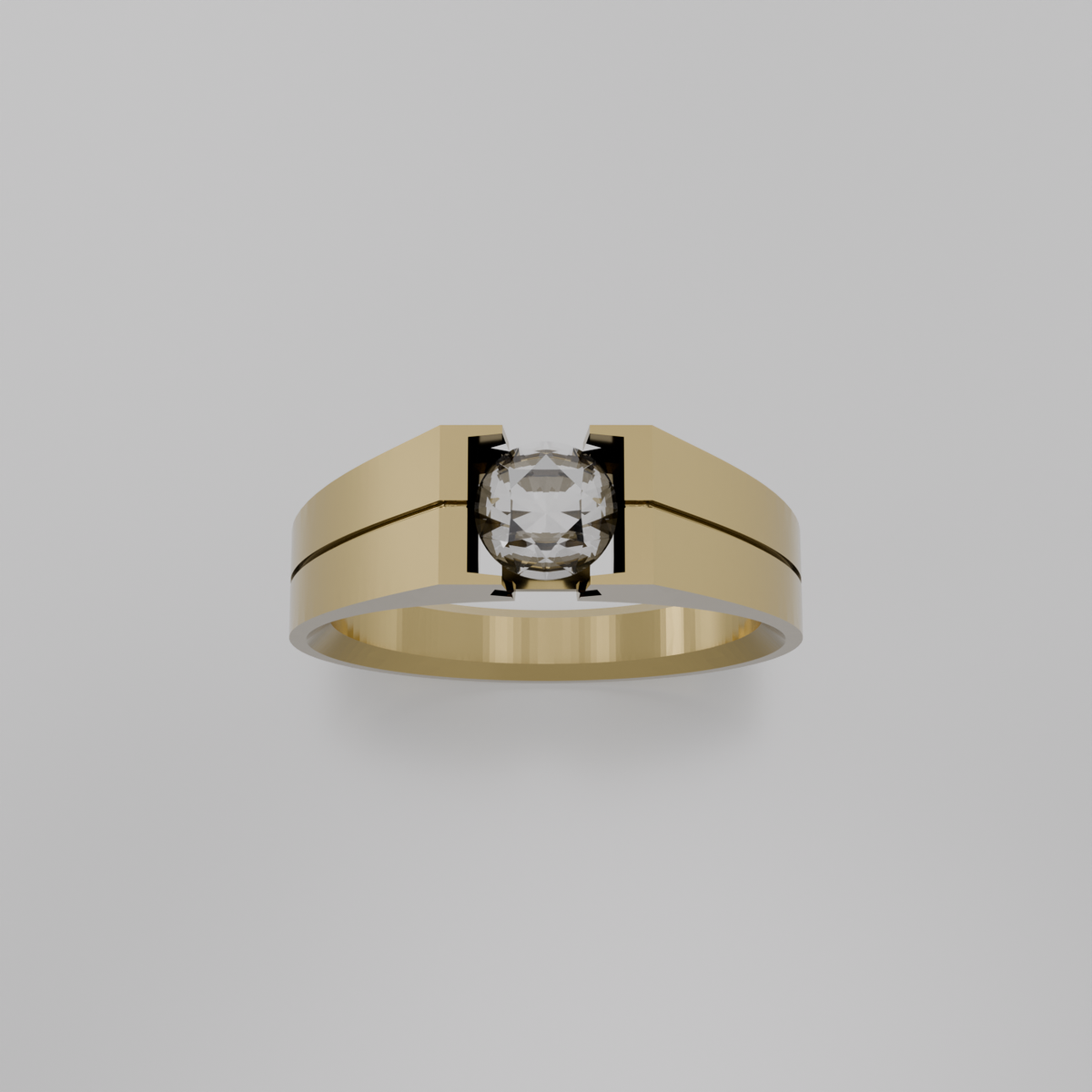 Men's round diamond tension solitaire wide band ring in yellow gold, top hero view