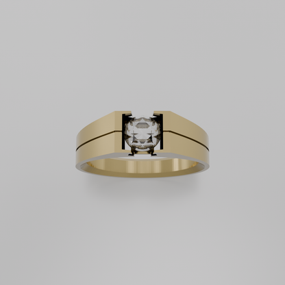 Men's round diamond tension solitaire wide band ring in yellow gold, top hero view