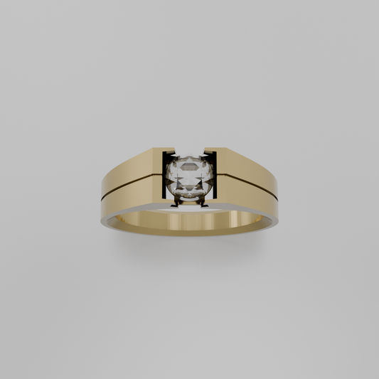 Men's round diamond tension solitaire wide band ring in yellow gold, top hero view