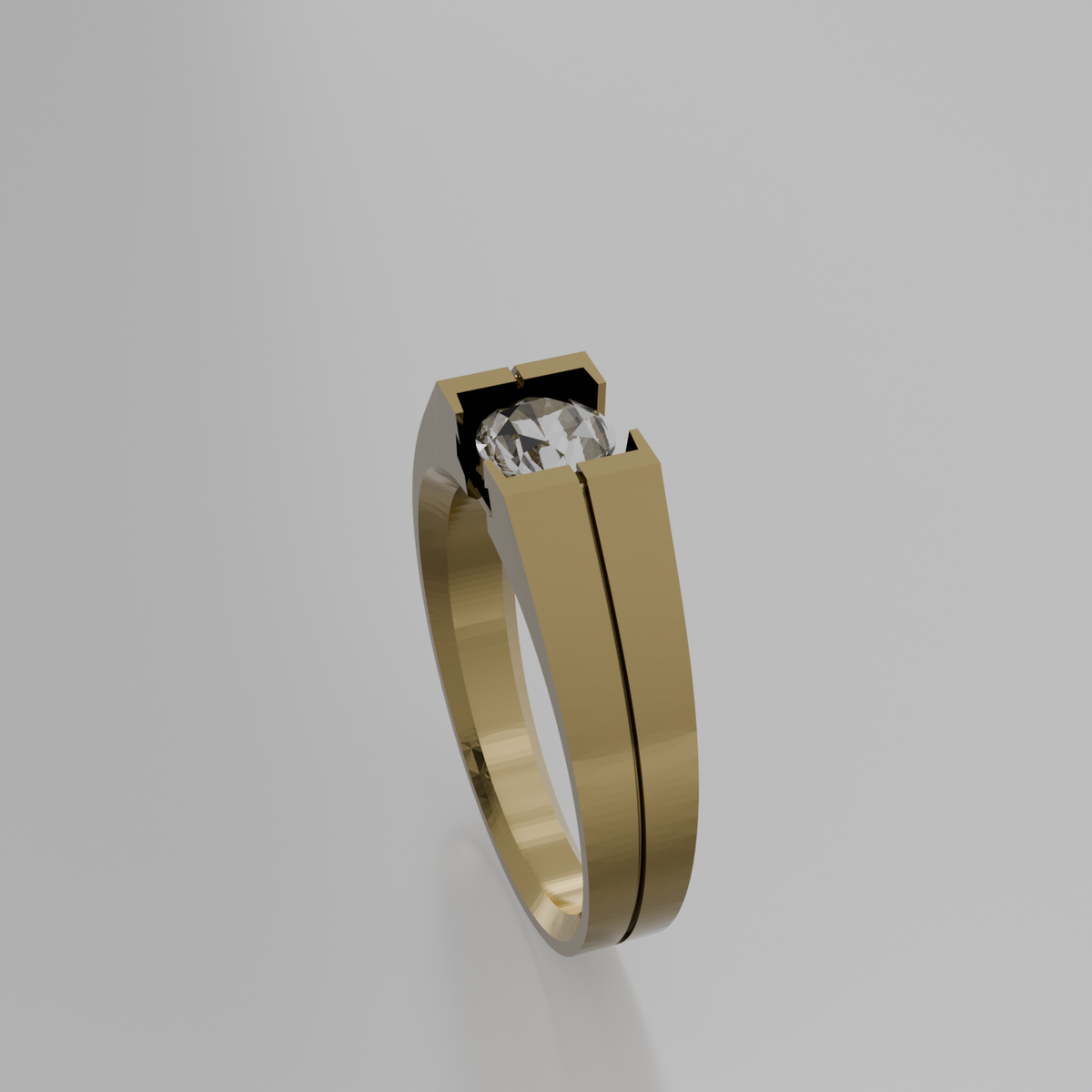 Men's round diamond tension solitaire wide band ring in yellow gold, right side view