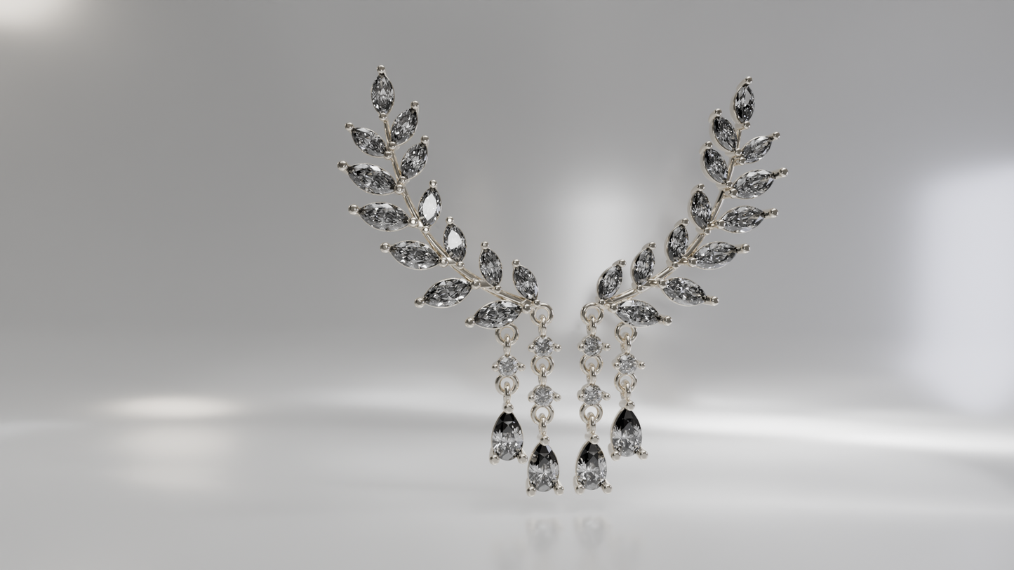 Leaf-Shaped Diamond and Tassel Earrings