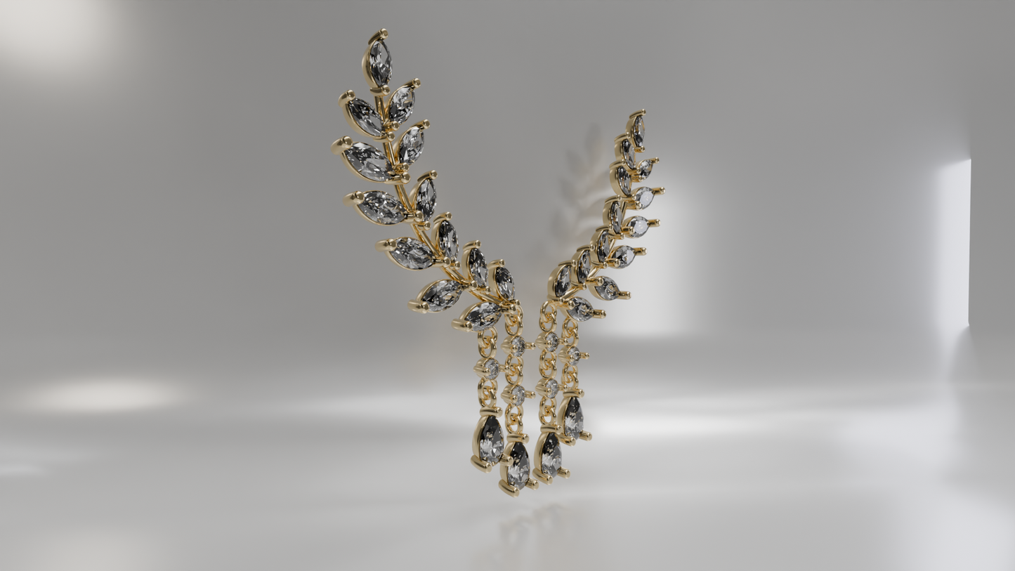 Leaf-Shaped Diamond and Tassel Earrings