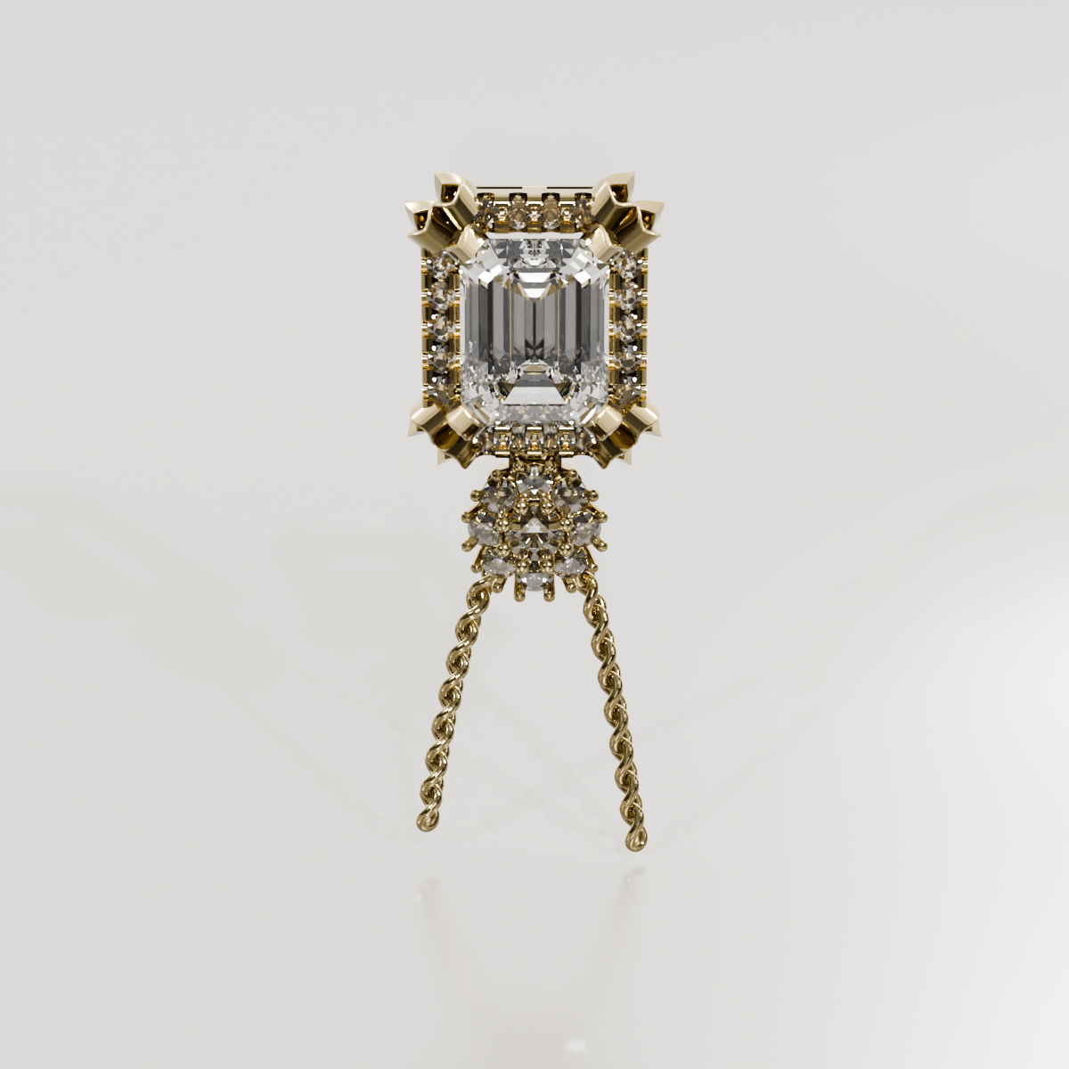 Emerald-Cut Diamond Halo Pendant - Milgrain Frame - 2.79 ct - 14K Gold, yellow front