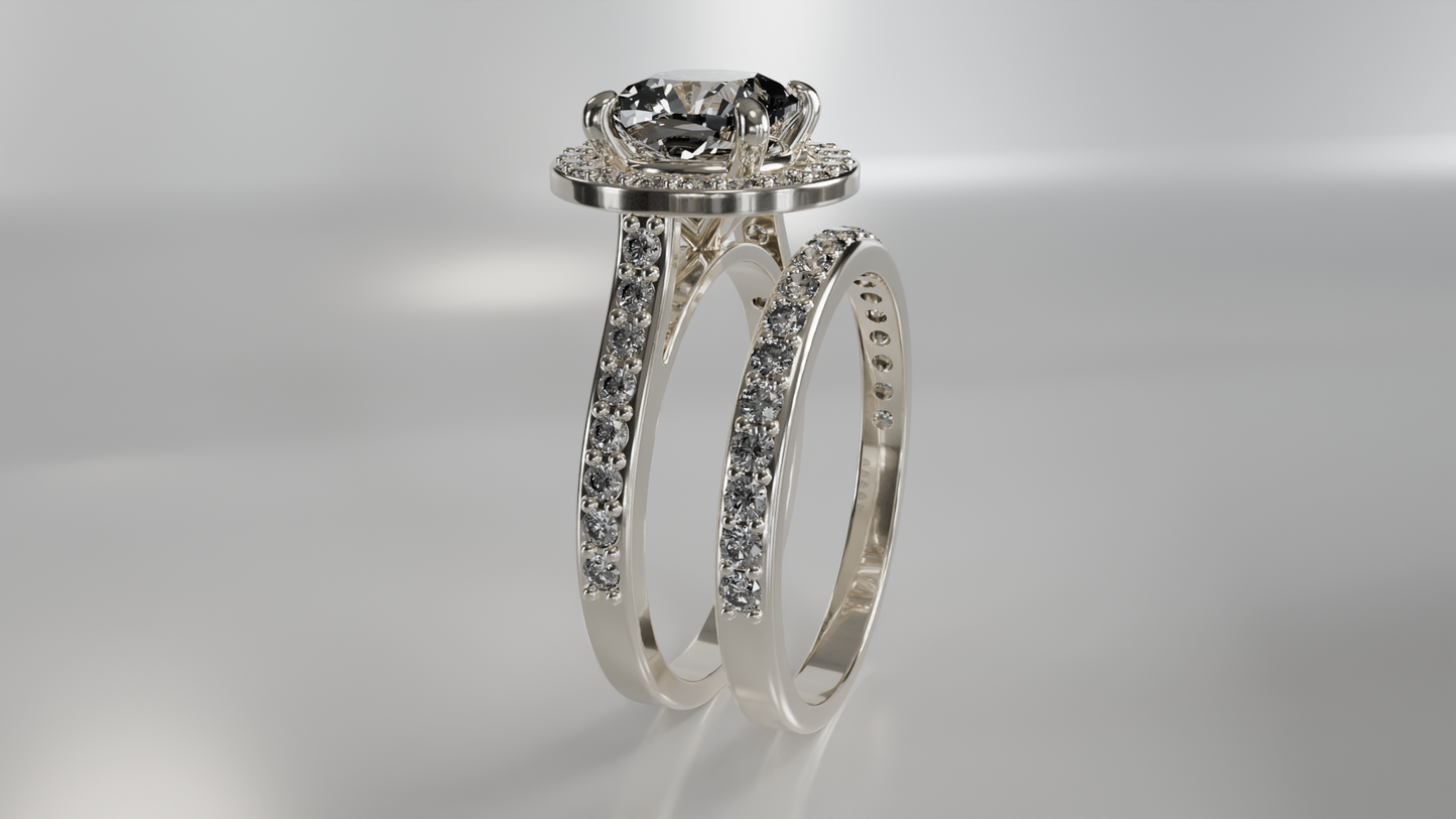 Halo Engagement Ring and Diamond Pave Wedding Band Set