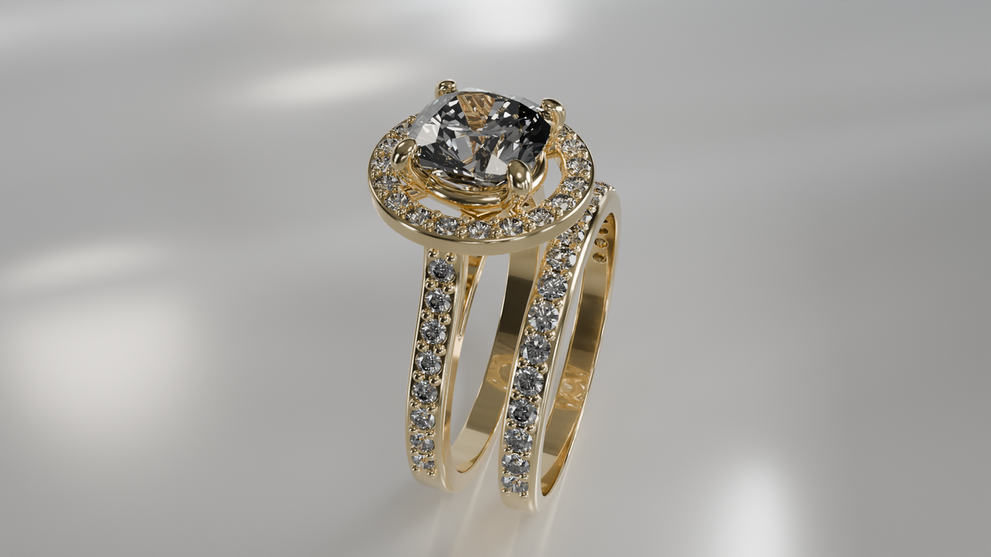 Halo Engagement Ring and Diamond Pave Wedding Band Set