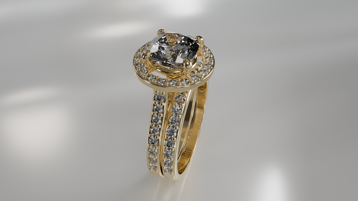 Halo Engagement Ring and Diamond Pave Wedding Band Set