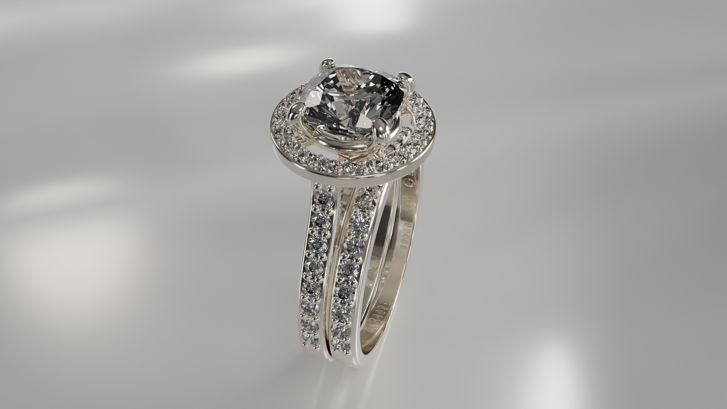 Halo Engagement Ring and Diamond Pave Wedding Band Set