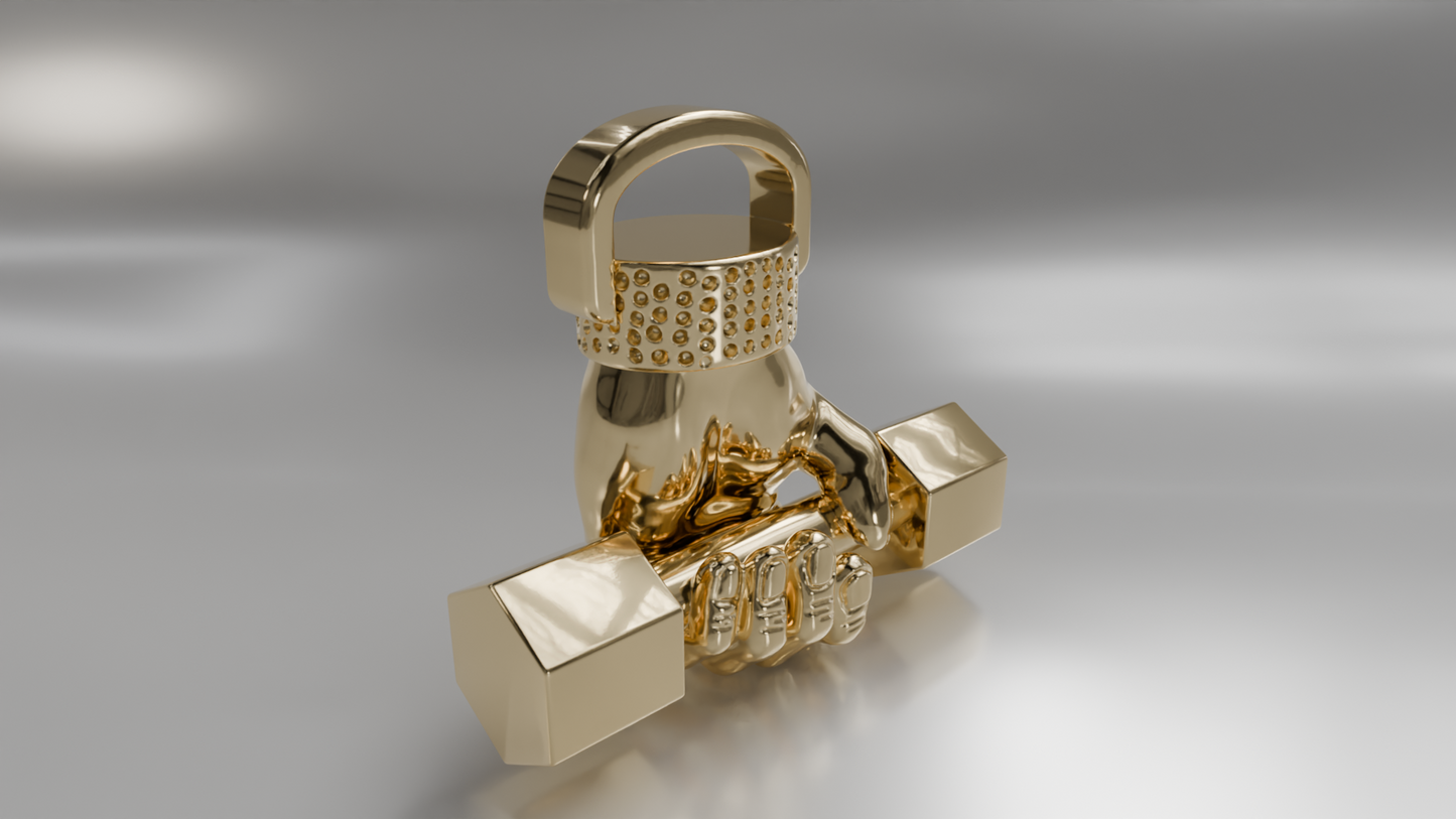 Hand Holding Dumbbell Pendant in Gold with Diamond Accent Band