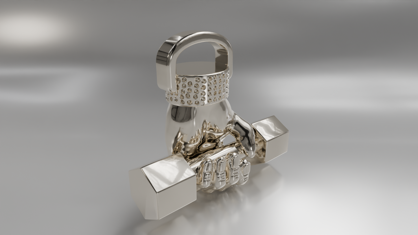 Hand Holding Dumbbell Pendant in Gold with Diamond Accent Band