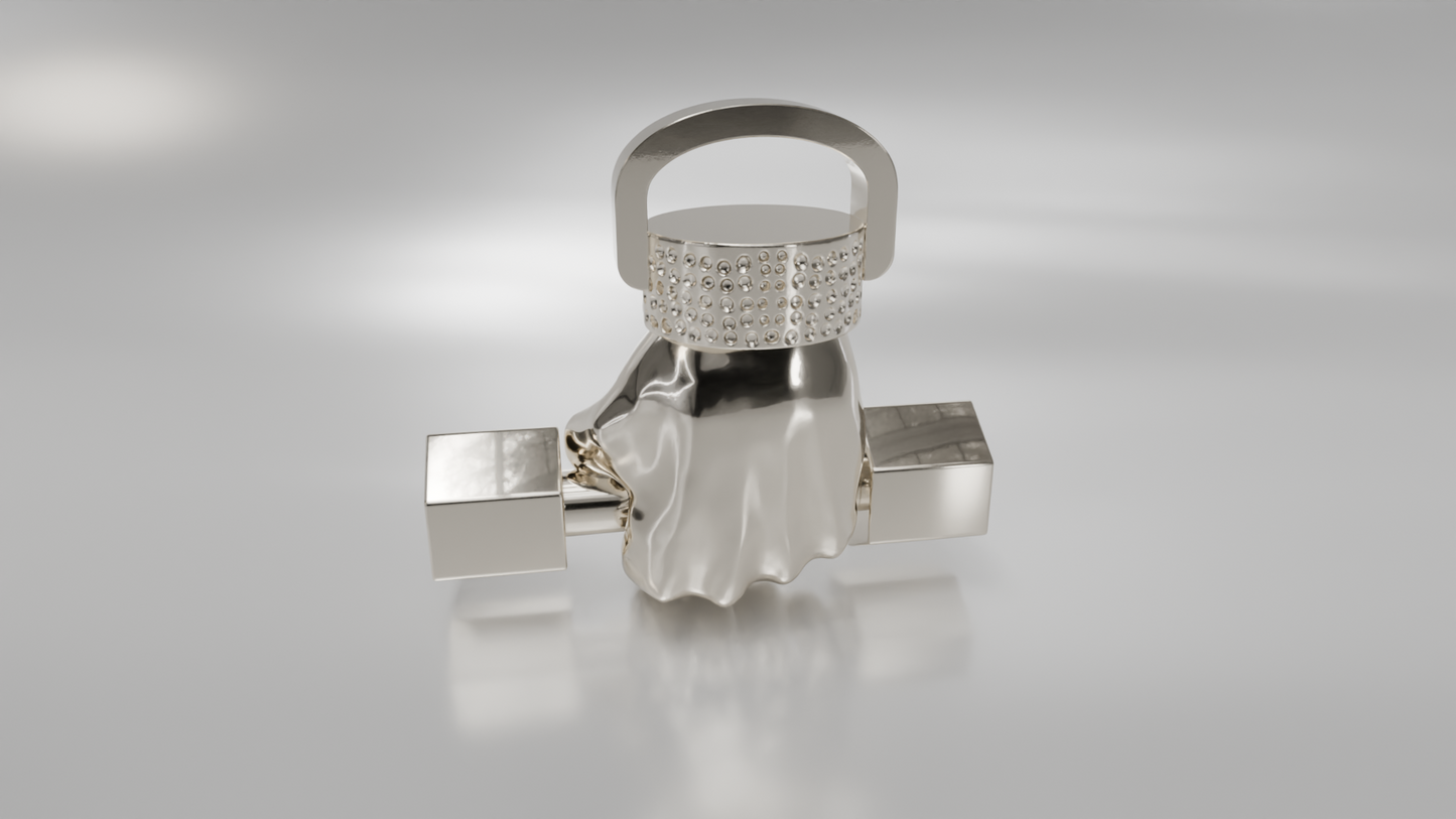 Hand Holding Dumbbell Pendant in Gold with Diamond Accent Band