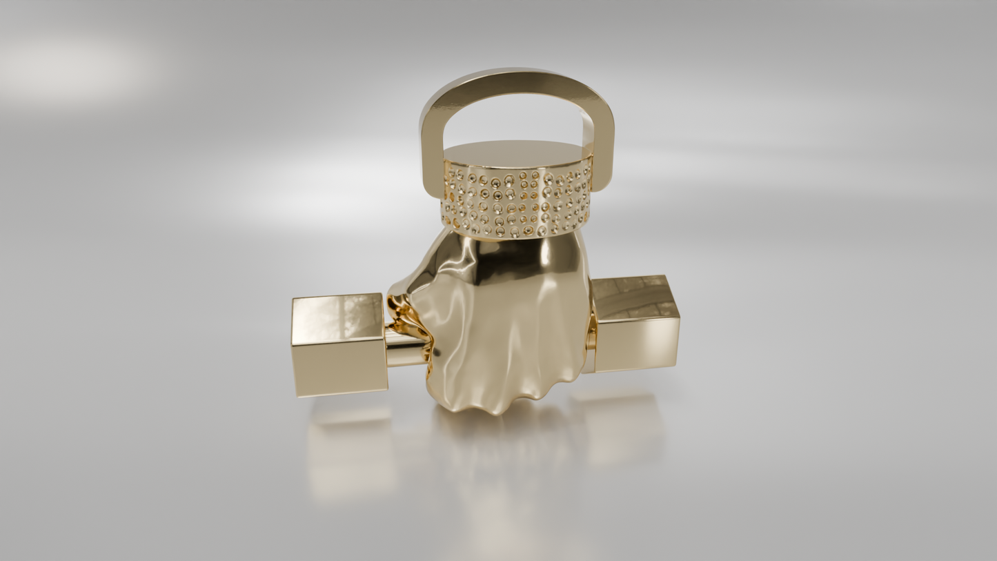 Hand Holding Dumbbell Pendant in Gold with Diamond Accent Band