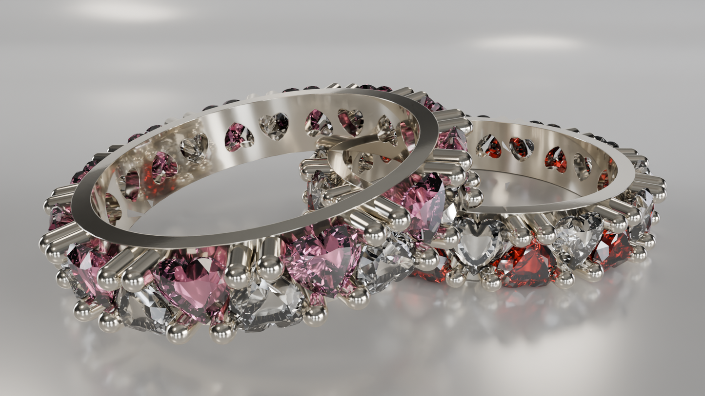 Rainbow Radiance: Heart-Shaped Gemstone Eternity Bands