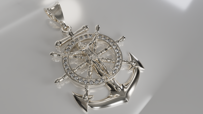Seafaring Sparkle: Diamond Anchor & Ship Wheel Pendant