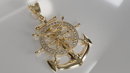 Seafaring Sparkle: Diamond Anchor & Ship Wheel Pendant