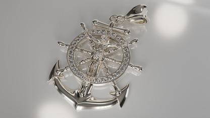 Seafaring Sparkle: Diamond Anchor & Ship Wheel Pendant