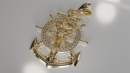Seafaring Sparkle: Diamond Anchor & Ship Wheel Pendant