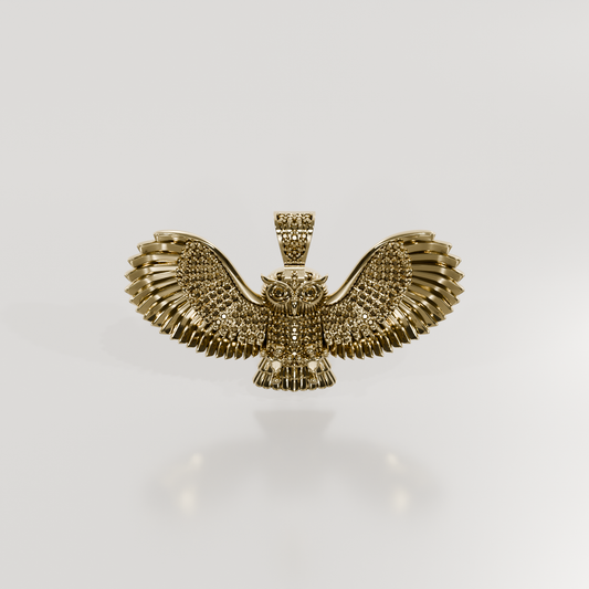 14K Gold Owl Pendant — Spread-Wing Detailed Statement, yellow front