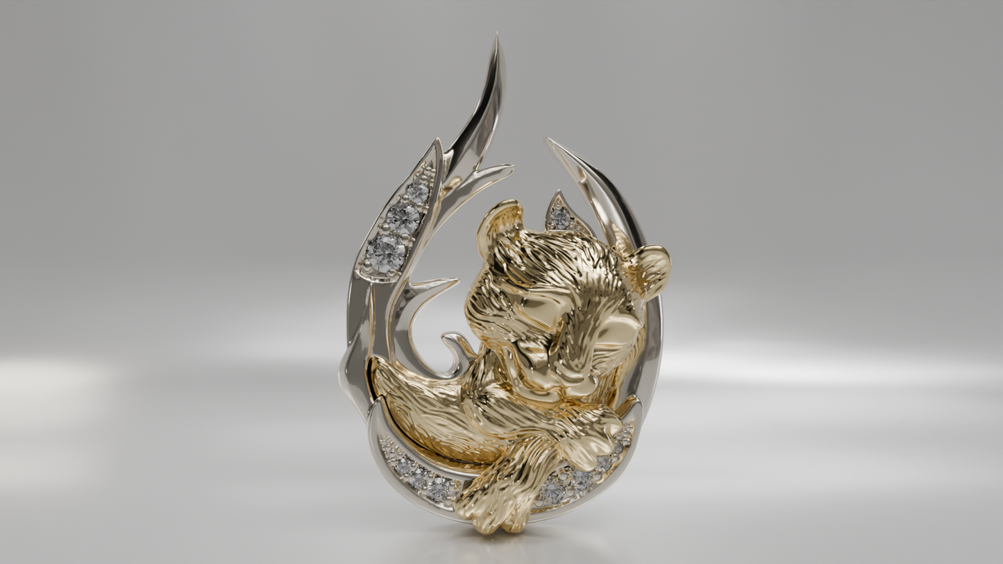 Lion's Rest on Crescent Moon Diamond Accent Pendant