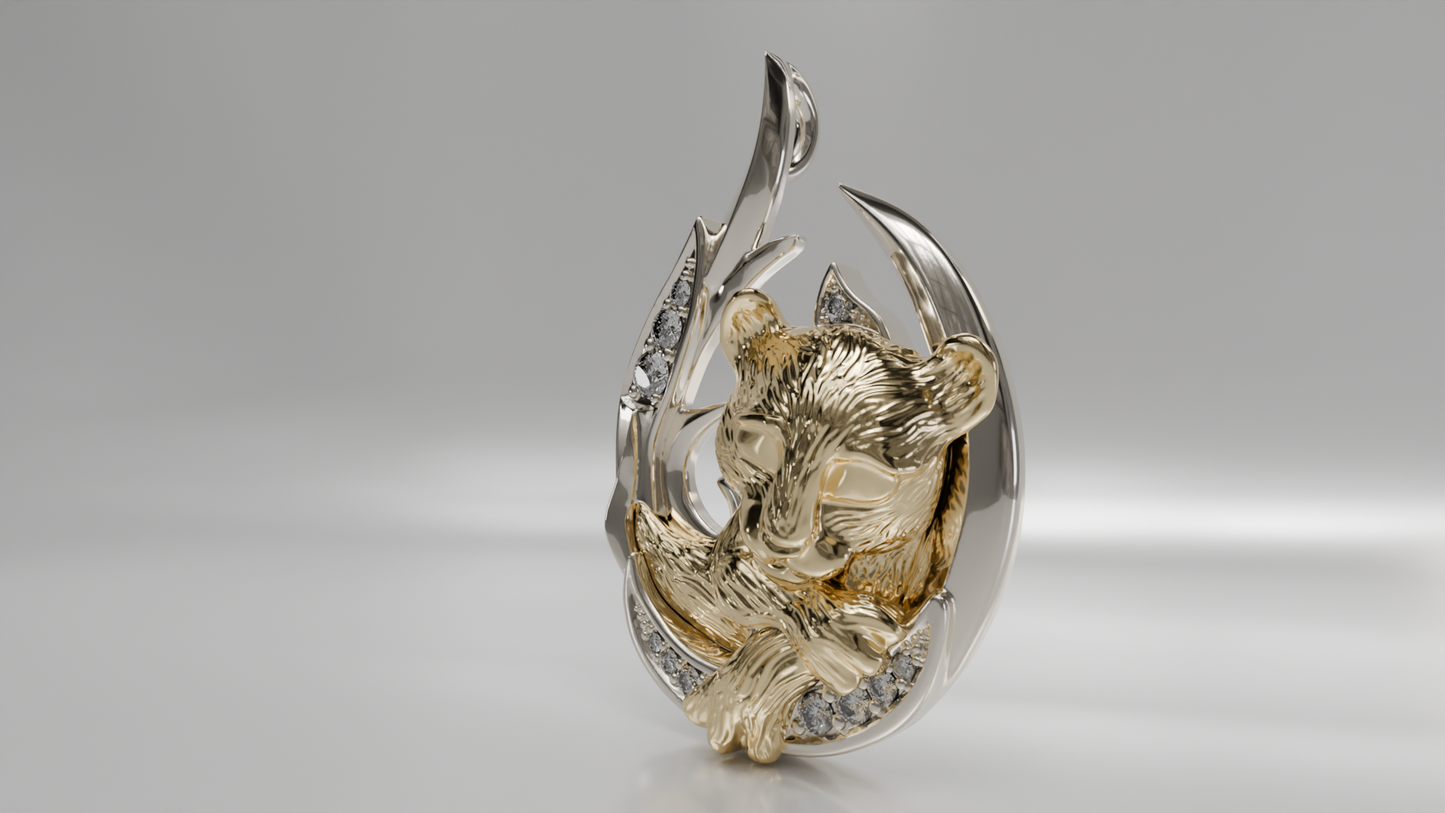 Lion's Rest on Crescent Moon Diamond Accent Pendant