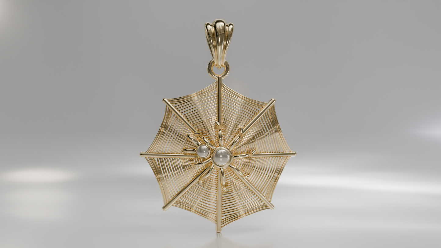 Intricate Spider Web Pendant with Central Gemstone in Gold