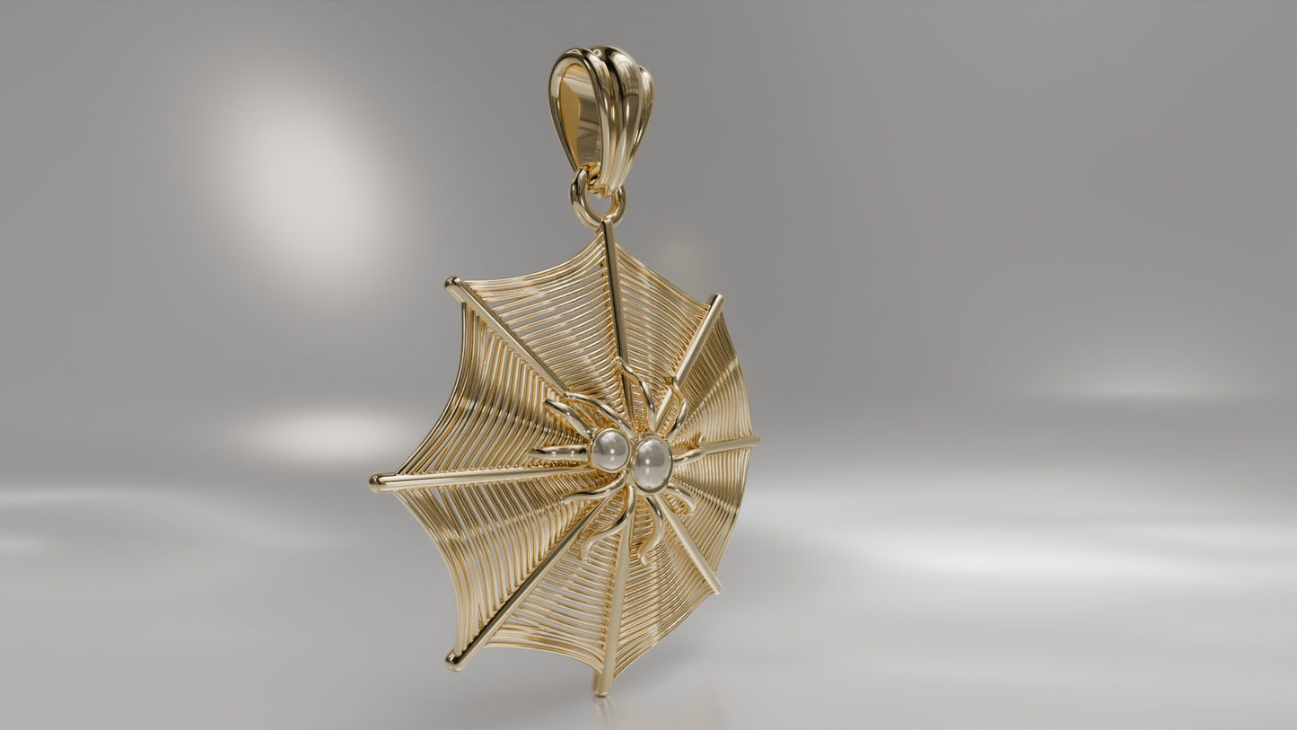 Intricate Spider Web Pendant with Central Gemstone in Gold