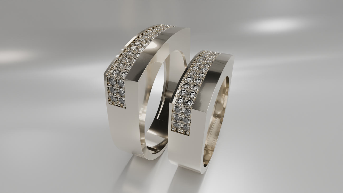 Geometric Diamond Accent His and Hers Gold Wedding Band Set