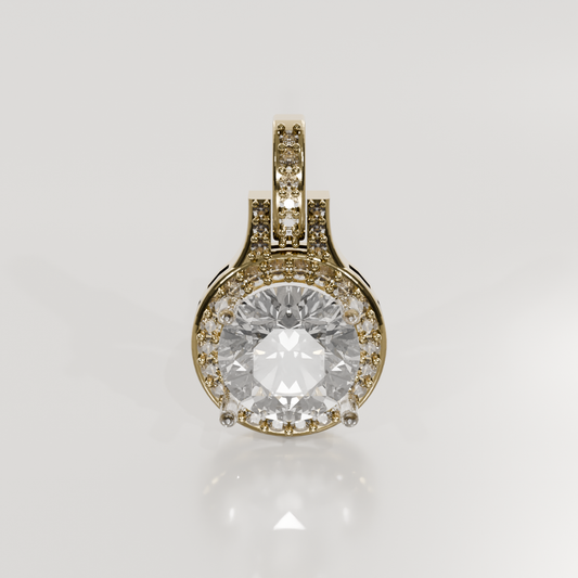 Round Diamond Halo Pendant - Ornate Diamond Bail - 4.87 ct - 14K Gold, yellow front