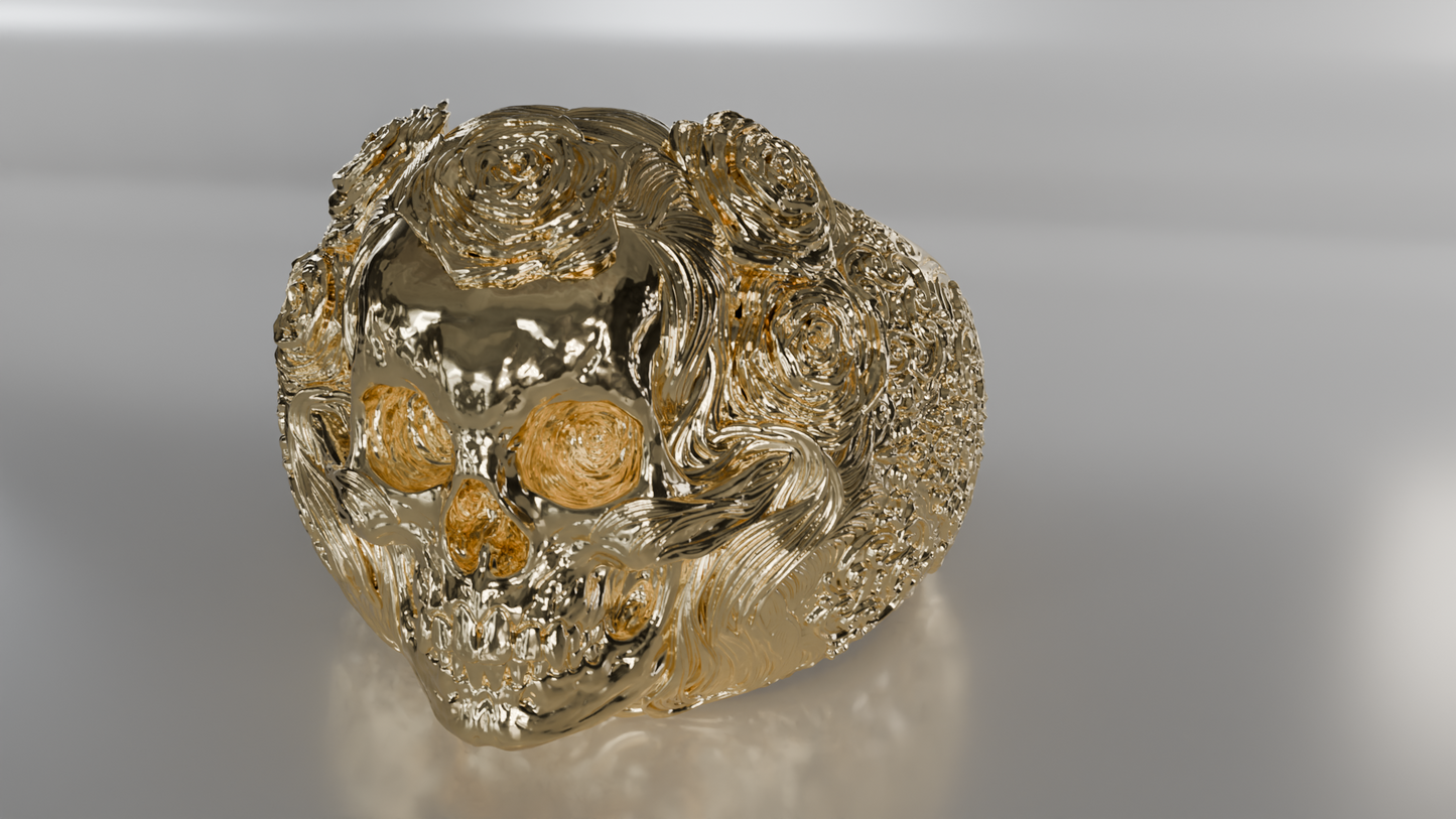 Ornate Skull Ring with Rose Detail