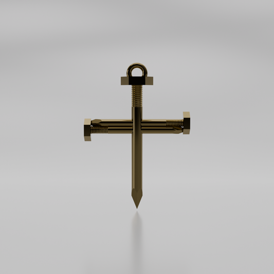 Cross of Nails Pendant - Men's Solid Gold Industrial Crucifix - Yellow - Front
