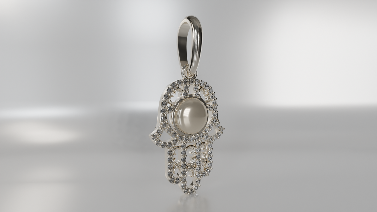 Divine Pearl: Diamond and Pearl Hamsa Hand Pendant