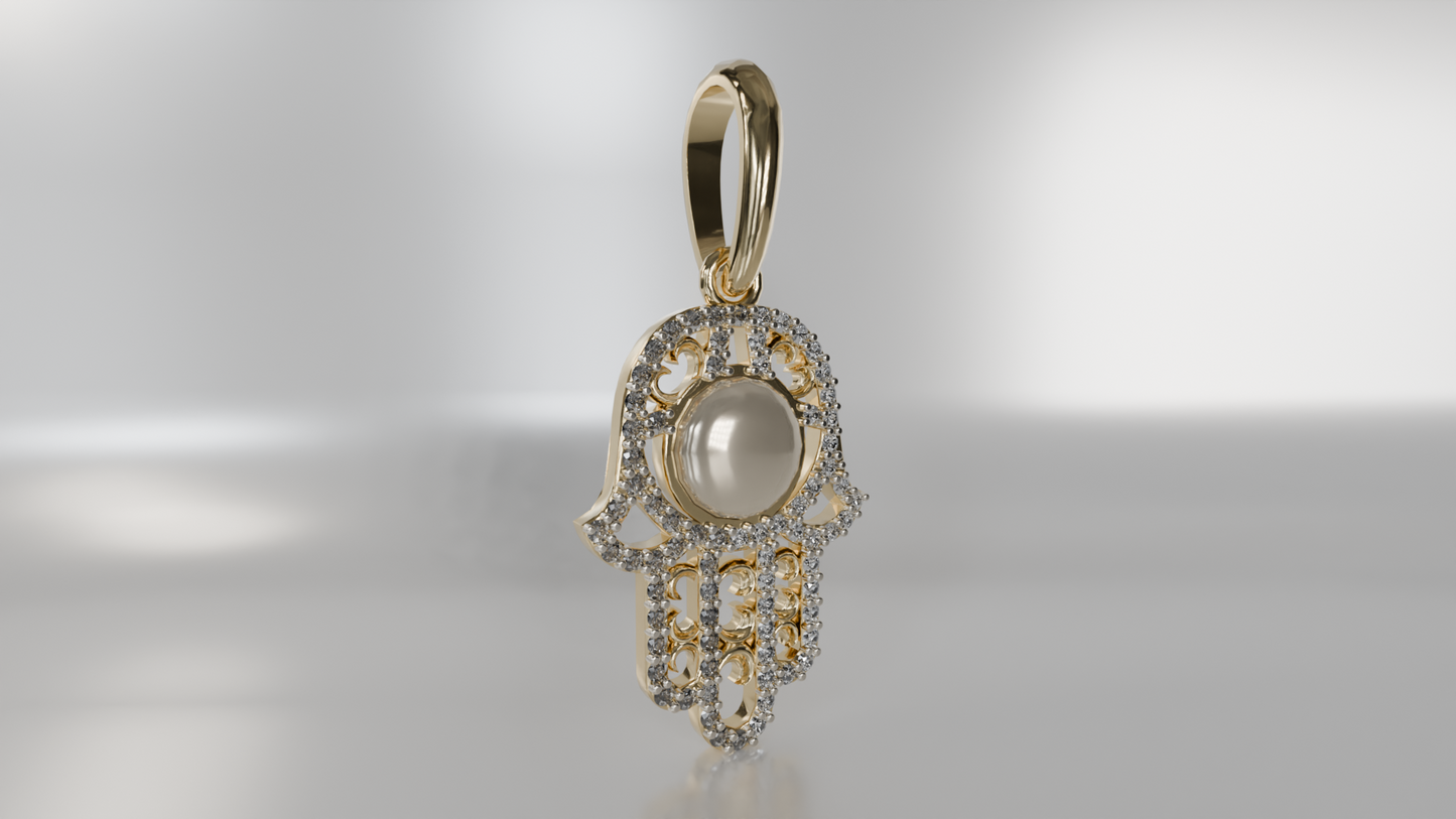Divine Pearl: Diamond and Pearl Hamsa Hand Pendant