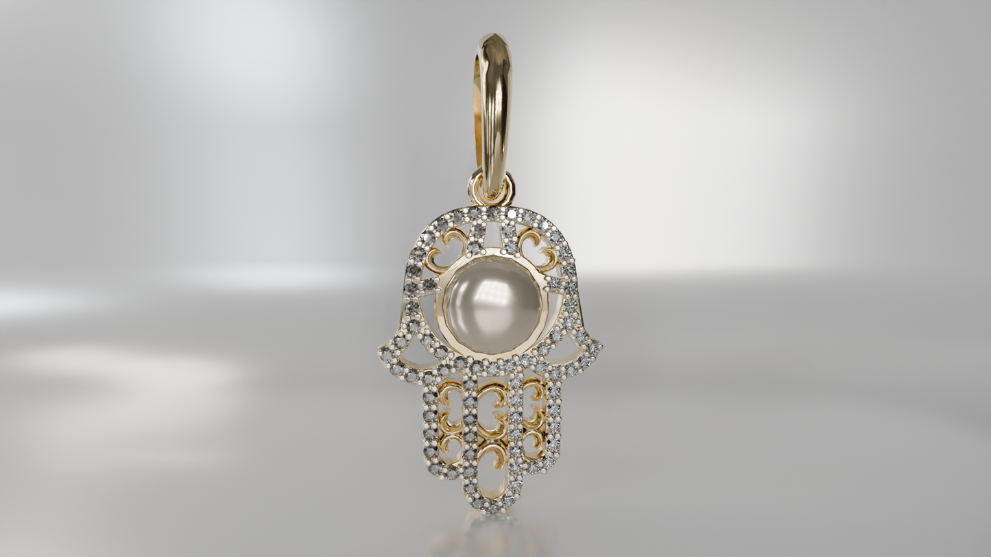 Divine Pearl: Diamond and Pearl Hamsa Hand Pendant