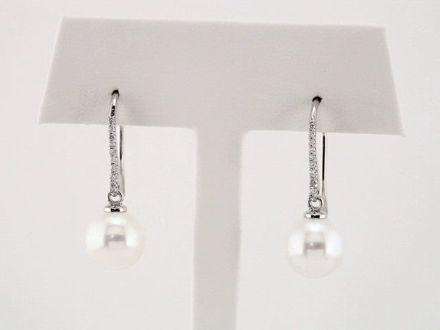 14K White Gold Cultured White Freshwater Pearl & 1/8 CTW Natural Diamond Earrings, 9.7 mm x 28.4 mm