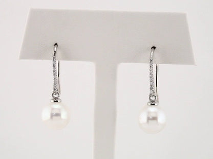 14K White Gold Cultured White Freshwater Pearl & 1/8 CTW Natural Diamond Earrings, 9.7 mm x 28.4 mm