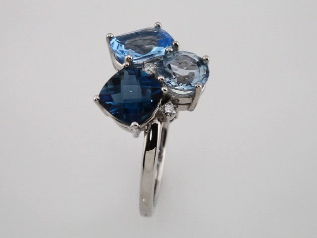 14K White Gold Natural Swiss Blue, Natural London Blue, & Natural Sky Blue Topaz & .05 CTW Natural Diamond Ring