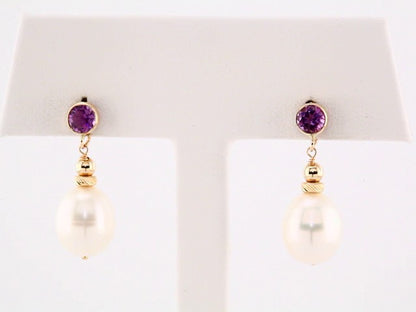 14K Yellow Gold Cultured White Freshwater Pearl & Natural Amethyst Earrings
