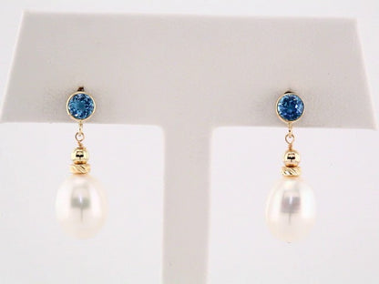 14K Yellow Gold Cultured White Freshwater Pearl & Natural Swiss Blue Topaz Earrings