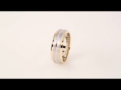 14K Yellow/White/Yellow Gold Stepped-Edge Grooved Comfort-Fit Flat Band