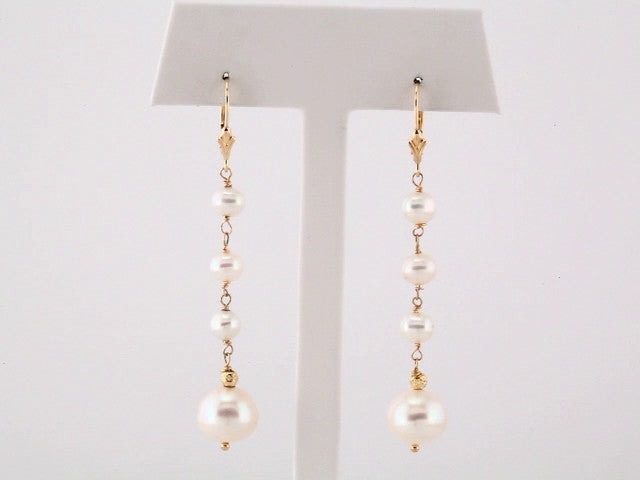 14K Yellow Gold Cultured White Freshwater Pearl Earrings, 9.9 mm x 60.5 mm