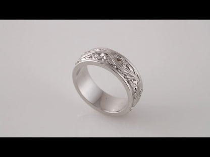 10K X1 White Gold Floral Inlay Flat Band