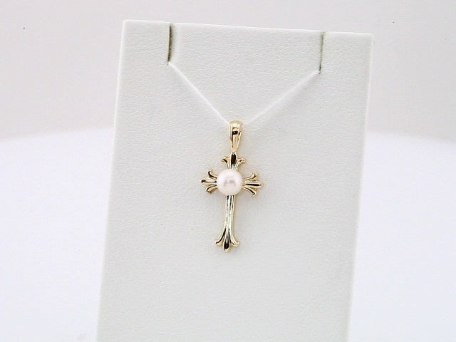 14K Yellow Gold Cultured White Freshwater Pearl Cross Pendant, 21.4 x 10.4 mm