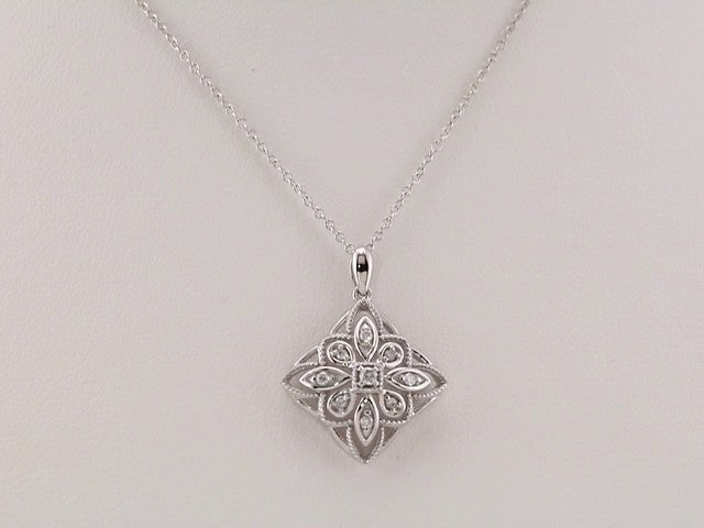 14K White Gold 1/10 CTW Natural Diamond Granulated Filigree 16-18" Necklace