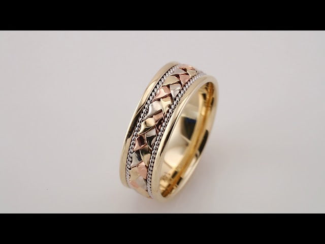 14K Yellow/White/Rose Gold Rope Hand-Woven Comfort-Fit Flat Band