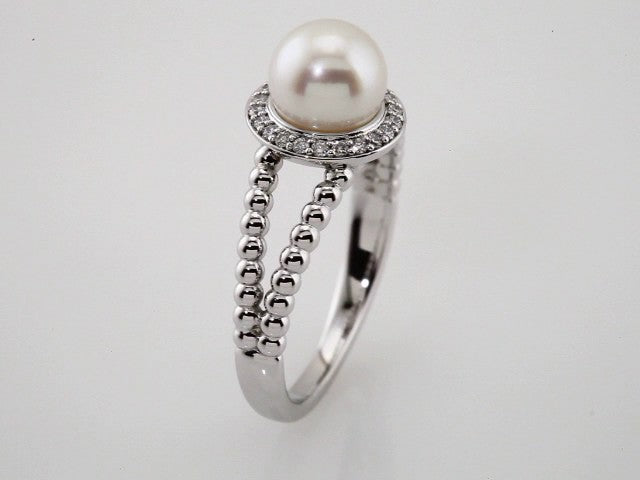 14K White Gold Cultured White Freshwater Pearl & .08 CTW Natural Diamond Halo-Style Beaded Ring