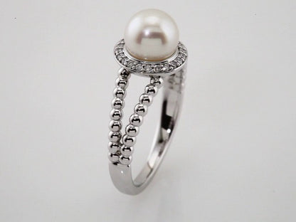 14K White Gold Cultured White Freshwater Pearl & .08 CTW Natural Diamond Halo-Style Beaded Ring