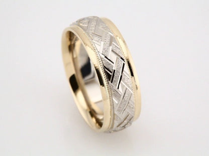 18K Yellow Gold & Platinum & 18K Yellow Gold Milgrain Woven-Design Comfort-Fit Half Round Band