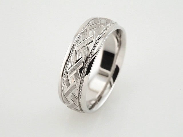 14K White Gold Milgrain Woven-Design Comfort-Fit Half Round Band